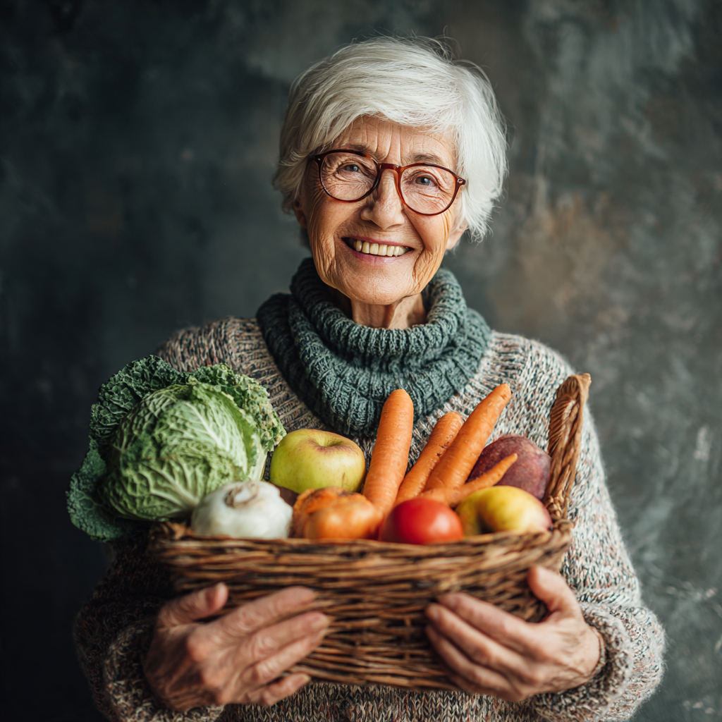 Smiling elderly European woman preparing healthy meal in modern kitchen, holding fresh vegetables and fruits